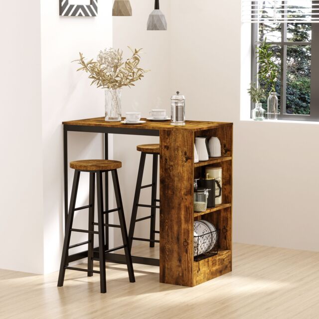 HOMCOM 3 Pieces Bar Table Set Pub Dining Table with Storage Shelf 2 Stools in Dark Brown - image 1