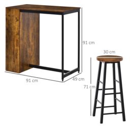 HOMCOM 3 Pieces Bar Table Set Pub Dining Table with Storage Shelf 2 Stools in Dark Brown - thumbnail 3