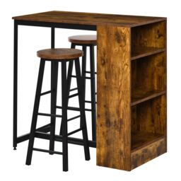 HOMCOM 3 Pieces Bar Table Set Pub Dining Table with Storage Shelf 2 Stools in Dark Brown - thumbnail 2