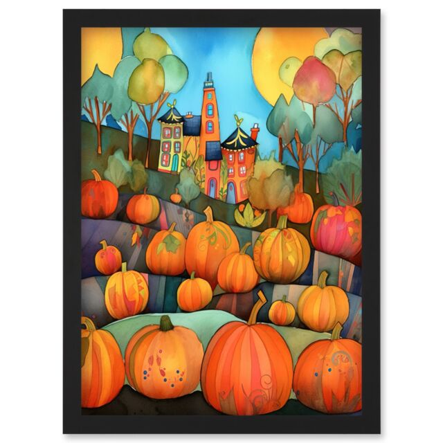 Artery8 Farm House Halloween Pumpkin Patch Modern Folk Art Watercolour Painting Artwork Framed Wall Art Print A4 in Black - image 1