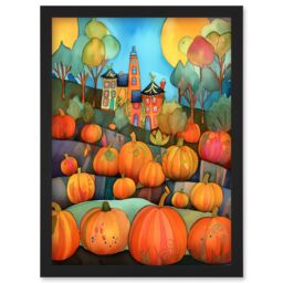 Artery8 Farm House Halloween Pumpkin Patch Modern Folk Art Watercolour Painting Artwork Framed Wall Art Print A4 in Black - thumbnail 1