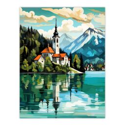Artery8 Lake Bled Vibrant Artwork Slovenia Island w/ 17th Century Church Reflecting On Turquoise Waters Large Wall Unframed Art Poster Print Thick - thumbnail 1