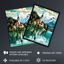 Artery8 Lake Bled Vibrant Artwork Slovenia Island w/ 17th Century Church Reflecting On Turquoise Waters Large Wall Unframed Art Poster Print Thick - thumbnail 2