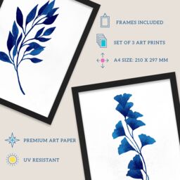 Artery8 A4 Wall Art & Frame Set of 3 Flower Plant Leaf Foliage Cobalt Blue - thumbnail 2