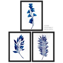 Artery8 A4 Wall Art & Frame Set of 3 Flower Plant Leaf Foliage Cobalt Blue - thumbnail 1
