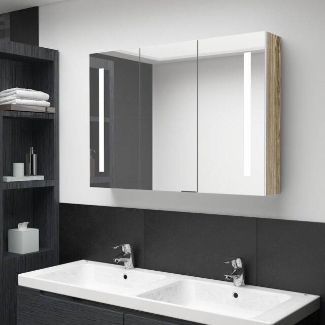 Berkfield Home LED Bathroom Mirror Cabinet 89x14x62 cm White & Oak - Size: 89 x 14 x 62 cm - image 1