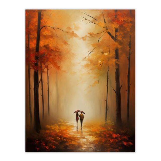 Artery8 Wall Art Print Lovers Walk Landscape Oil Painting Romantic Stroll In An Autumn Forest Amber Trees On A Serene Path Bedroom Art Poster - image 1