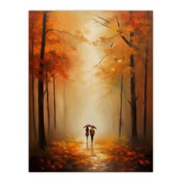 Artery8 Wall Art Print Lovers Walk Landscape Oil Painting Romantic Stroll In An Autumn Forest Amber Trees On A Serene Path Bedroom Art Poster - thumbnail 1