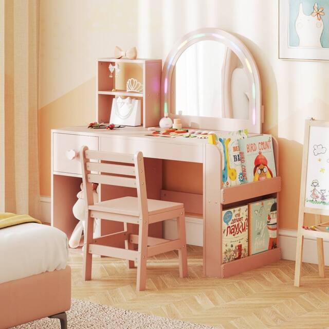 Costway Kids Vanity Table & Chair Set Dressing Table Set w/ Lighted Mirror in Pink - image 1