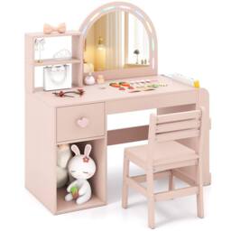 Costway Kids Vanity Table & Chair Set Dressing Table Set w/ Lighted Mirror in Pink - thumbnail 2