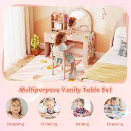 Costway Kids Vanity Table & Chair Set Dressing Table Set w/ Lighted Mirror in Pink - thumbnail 9