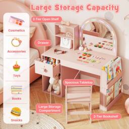 Costway Kids Vanity Table & Chair Set Dressing Table Set w/ Lighted Mirror in Pink - thumbnail 7