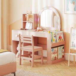 Costway Kids Vanity Table & Chair Set Dressing Table Set w/ Lighted Mirror in Pink