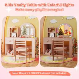 Costway Kids Vanity Table & Chair Set Dressing Table Set w/ Lighted Mirror in Pink - thumbnail 6
