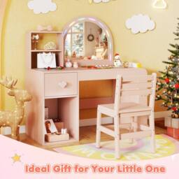Costway Kids Vanity Table & Chair Set Dressing Table Set w/ Lighted Mirror in Pink - thumbnail 4