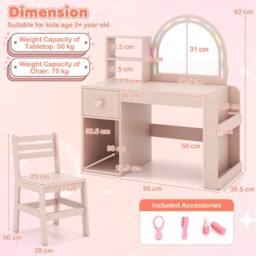 Costway Kids Vanity Table & Chair Set Dressing Table Set w/ Lighted Mirror in Pink - thumbnail 3