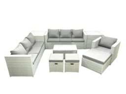 Fimous Wicker PE Rattan Sofa Garden Furniture Set with Armchair Oblong Coffee Table 3 Footstools 2 Side Tables Light Grey Mixed - thumbnail 2