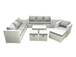 Fimous Wicker PE Rattan Sofa Garden Furniture Set with Armchair Oblong Coffee Table 3 Footstools 2 Side Tables Light Grey Mixed - thumbnail 1