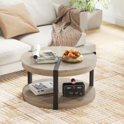 Gymax 2-Tier Round Coffee Table 88CM Rubber Wood Center Table With Shelf-Oak in Light Oak - thumbnail 8