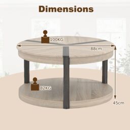 Gymax 2-Tier Round Coffee Table 88CM Rubber Wood Center Table With Shelf-Oak in Light Oak - thumbnail 2