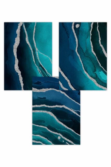 ARTZE Set of 3 Abstract Teal Blue Silver Strokes Art Posters - Size: W30 cm x H42 cm - image 1