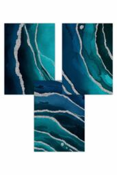 ARTZE Set of 3 Abstract Teal Blue Silver Strokes Art Posters - Size: W30 cm x H42 cm