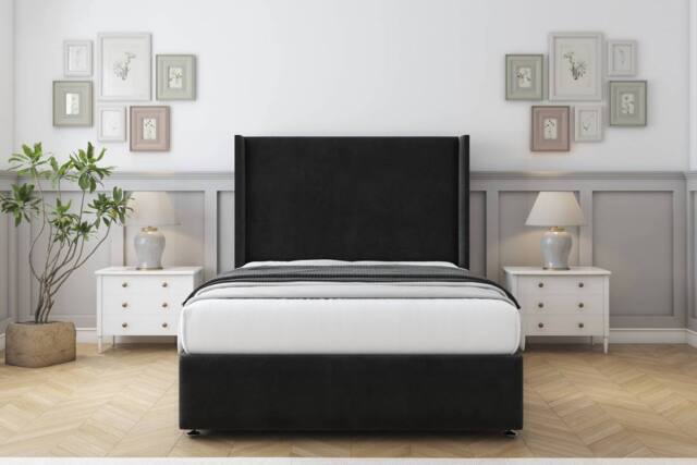 "Sloomy Stratford Plush Divan Base No Drawers 54"" Headboard & 12"" Footboard in Black - Size: Single" - image 1