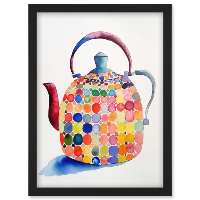 Artery8 Colourful Enamelled Teapot Tea Kettle Folk Art Watercolour Painting Artwork Framed Wall Art Print A4 in Black - image 1