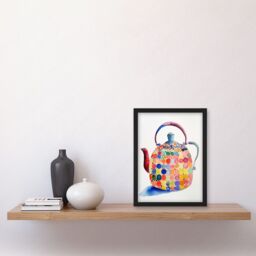 Artery8 Colourful Enamelled Teapot Tea Kettle Folk Art Watercolour Painting Artwork Framed Wall Art Print A4 in Black - thumbnail 2