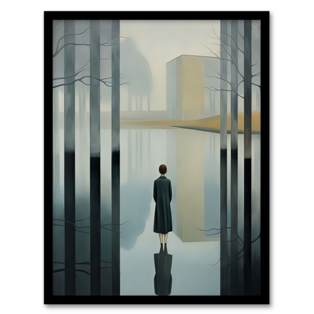 Artery8 Wall Art Print Mist Reflection Surreal Landscape with Lone Woman Framed in Grey - Size: A4 - image 1
