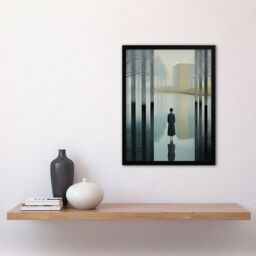 Artery8 Wall Art Print Mist Reflection Surreal Landscape with Lone Woman Framed in Grey - Size: A4 - thumbnail 4