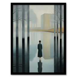 Artery8 Wall Art Print Mist Reflection Surreal Landscape with Lone Woman Framed in Grey - Size: A4 - thumbnail 1