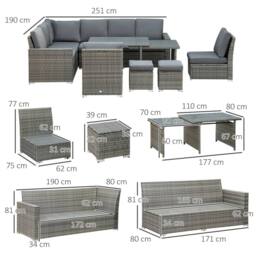 OUTSUNNY 10-Seater Sofa Sectional w/ Cushioned Seat, Footstools & Glass Table in Grey - thumbnail 3