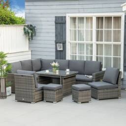 OUTSUNNY 10-Seater Sofa Sectional w/ Cushioned Seat, Footstools & Glass Table in Grey - thumbnail 1