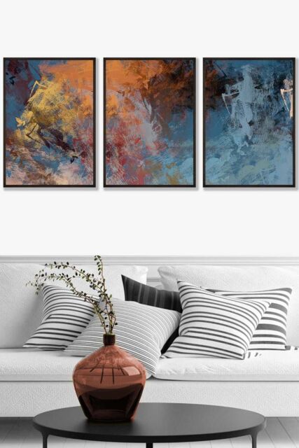 ARTZE Set of 3 Black Framed Abstract Orange Blue Cerulean Dream Wall Art in Burnt Orange - Size: W33 cm x H45 cm x D20mm - image 1