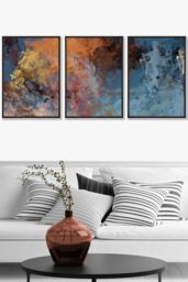 ARTZE Set of 3 Black Framed Abstract Orange Blue Cerulean Dream Wall Art in Burnt Orange - Size: W33 cm x H45 cm x D20mm - thumbnail 1