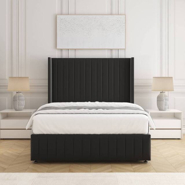 "BSSPOKE Luna Plush Velvet Divan Bed 54"" Headboard & Mattress & No Drawers in Black - Size: Super King" - image 1