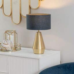 ValueLights Jax Antique Brass Metal Dimmable Touch Table Lamp with Fabric Drum Shade in Charcoal