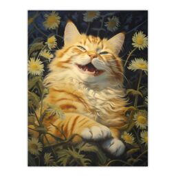 "Artery8 Contented Grinning Ginger Cat Wildflower Meadow Oil Painting Large Wall Unframed Art Poster Print Thick Paper 18X24 Inch - Size: W18"" x H24""" - thumbnail 1