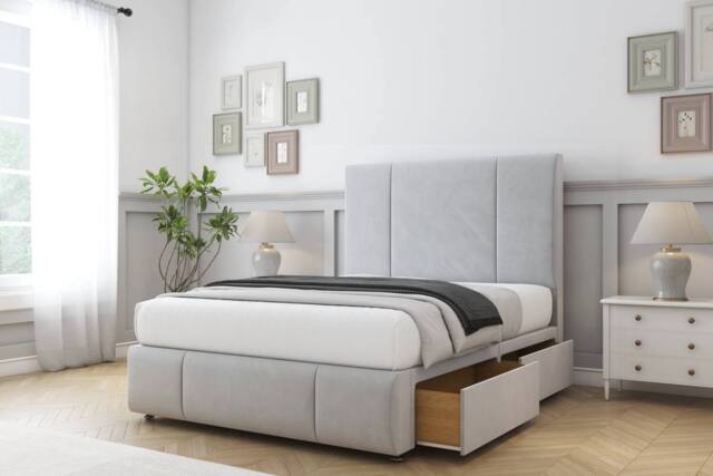 "Comfort Beds Arya Plush Divan Base 2 Drawers - 26"" Headboard-Footboard in Silver - Size: King" - image 1