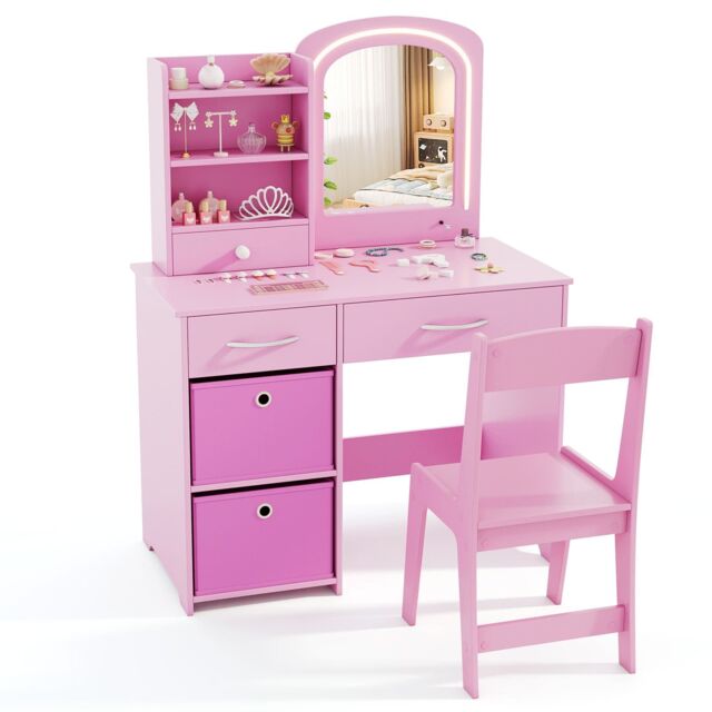 Gymax Vanity Set Princess Makeup Desk & Chair With Lighted Mirror Drawers in Pink - image 1