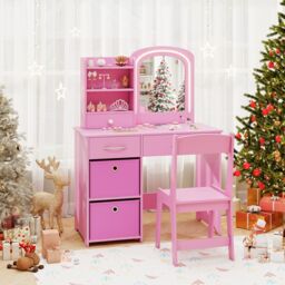 Gymax Vanity Set Princess Makeup Desk & Chair With Lighted Mirror Drawers in Pink - thumbnail 8