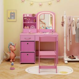 Gymax Vanity Set Princess Makeup Desk & Chair With Lighted Mirror Drawers in Pink - thumbnail 5