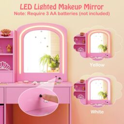 Gymax Vanity Set Princess Makeup Desk & Chair With Lighted Mirror Drawers in Pink - thumbnail 6