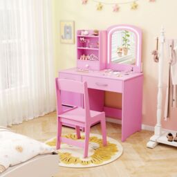 Gymax Vanity Set Princess Makeup Desk & Chair With Lighted Mirror Drawers in Pink - thumbnail 4