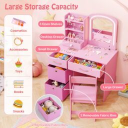 Gymax Vanity Set Princess Makeup Desk & Chair With Lighted Mirror Drawers in Pink - thumbnail 2