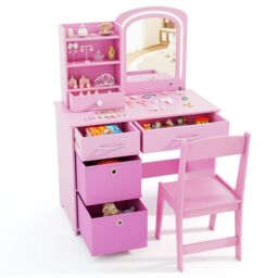 Gymax Vanity Set Princess Makeup Desk & Chair With Lighted Mirror Drawers in Pink - thumbnail 7