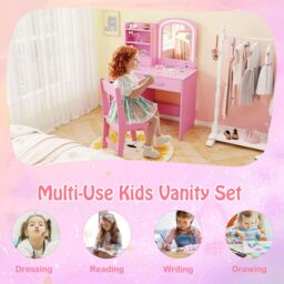 Gymax Vanity Set Princess Makeup Desk & Chair With Lighted Mirror Drawers in Pink - thumbnail 3