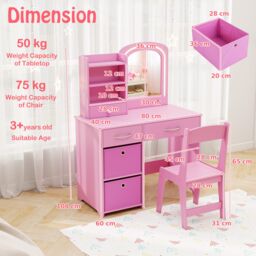 Gymax Vanity Set Princess Makeup Desk & Chair With Lighted Mirror Drawers in Pink - thumbnail 9