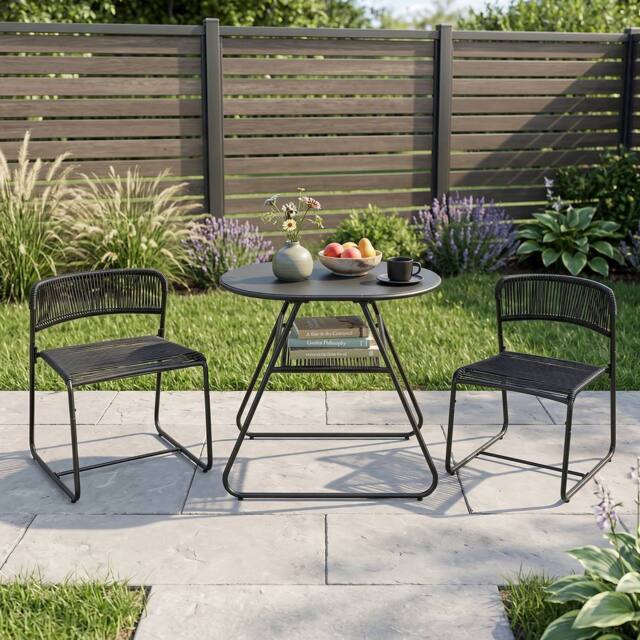 Gymax 3 PCS PE Rattan Bistro Set 2-Tier Coffee Table 2 Stackable Chairs Set in Black - image 1